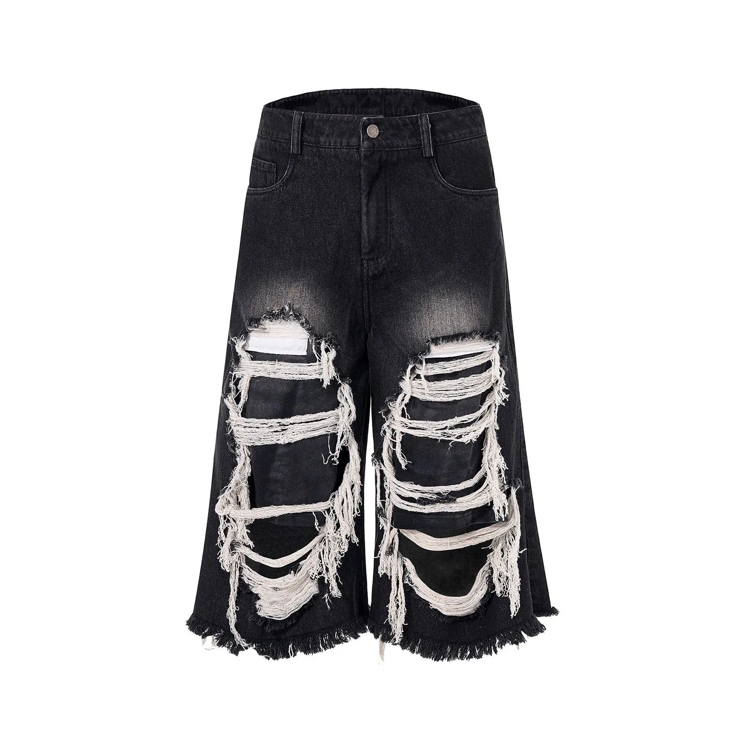 Women's black cropped wide leg jeans with ripped patch details and mid-high waist