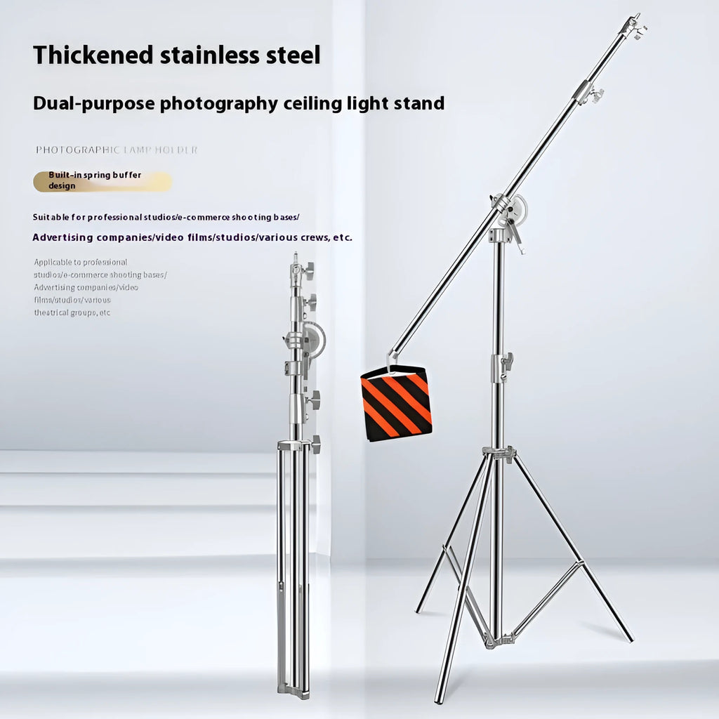 Silver stainless steel ceiling-mounted cross arm lamp rack showing extended and collapsed positions