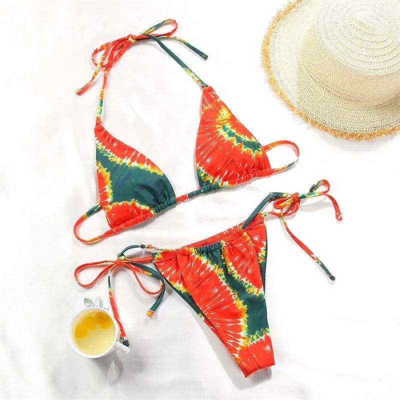 Women's polka dot print split swimsuit bikini in brown and orange colour variations