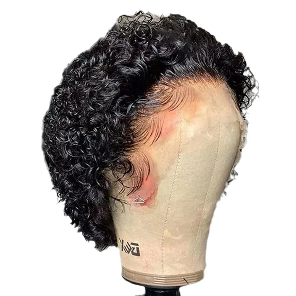 Black human hair lace wig cap on a model, showing the natural colour 13x1 and pixie style.