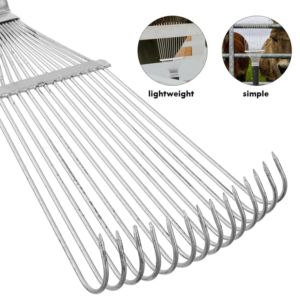 Stainless steel dematting brush rake comb for dog and horse grooming on a table.