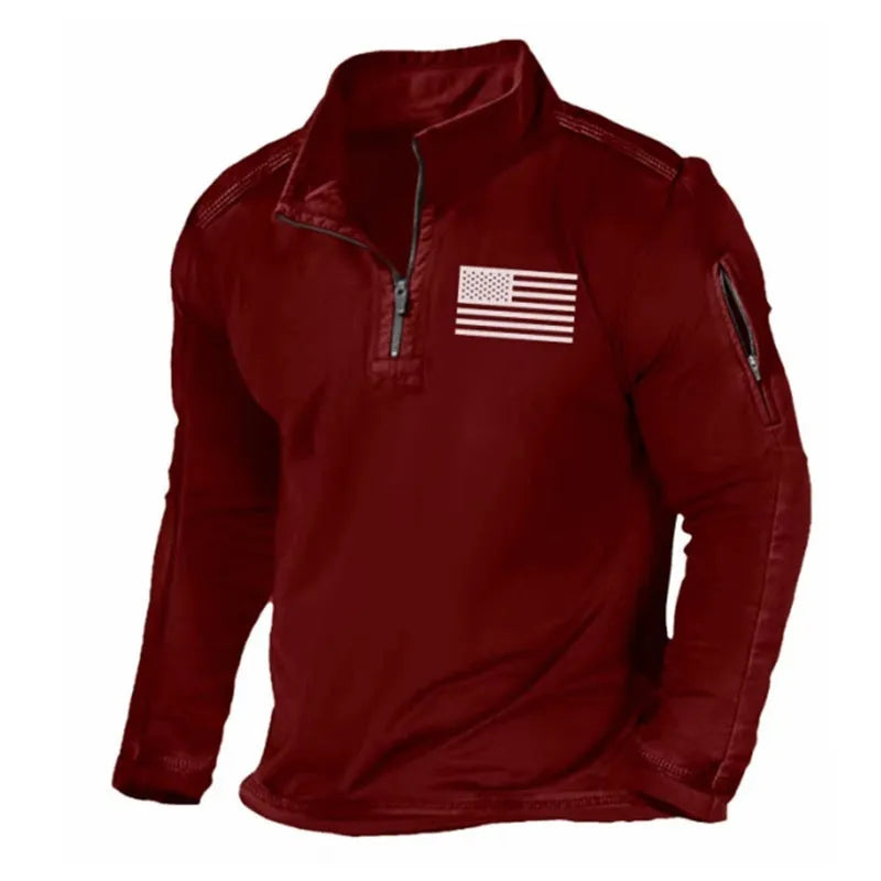 Men's zipped stand collar long-sleeved athletic sweater in polyester fibre