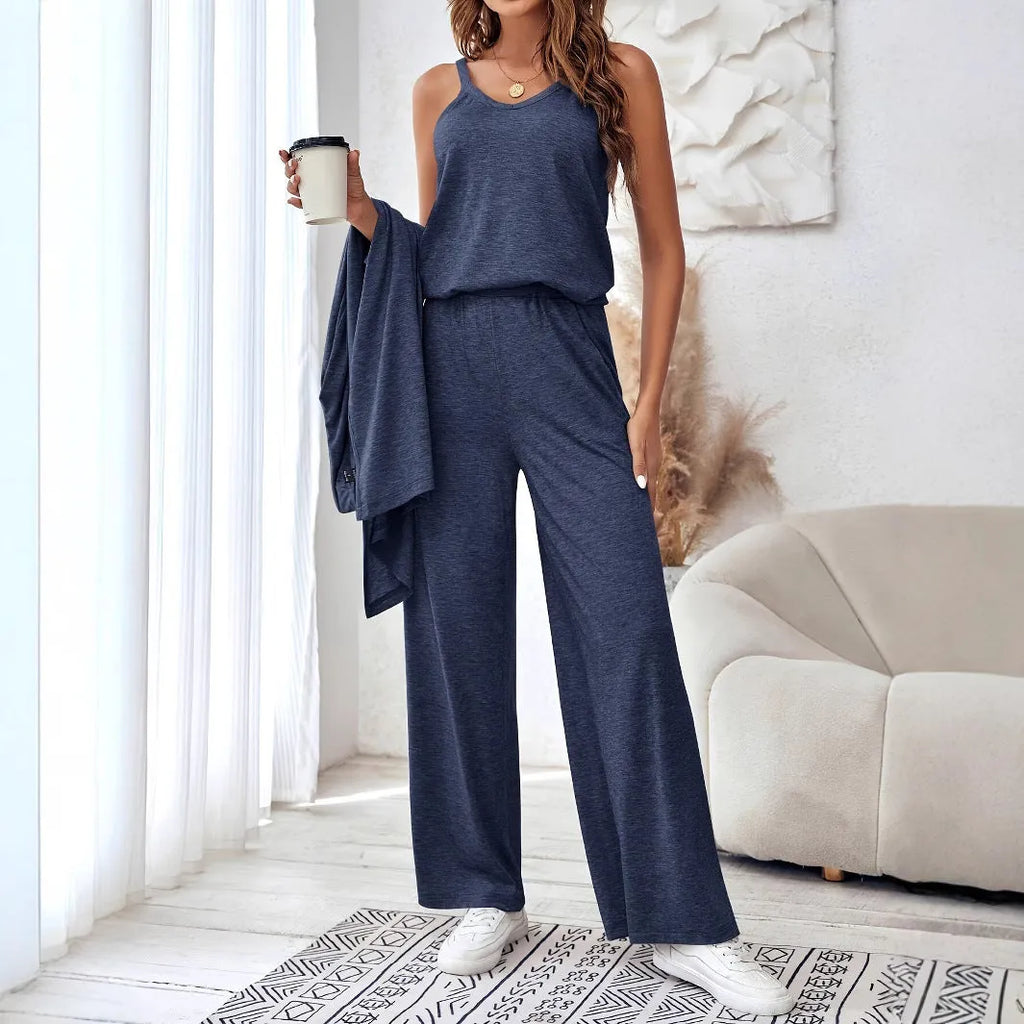 Blue women's three-piece casual suit set with cardigan, trousers and suspenders in Japanese Korean style