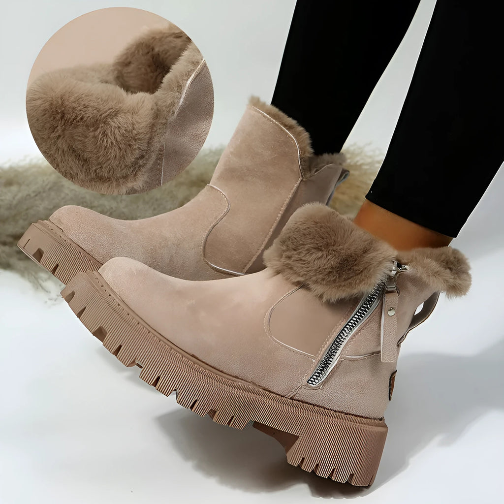 Women's thick plush snow boots with side zip, faux suede upper and non-slip rubber sole