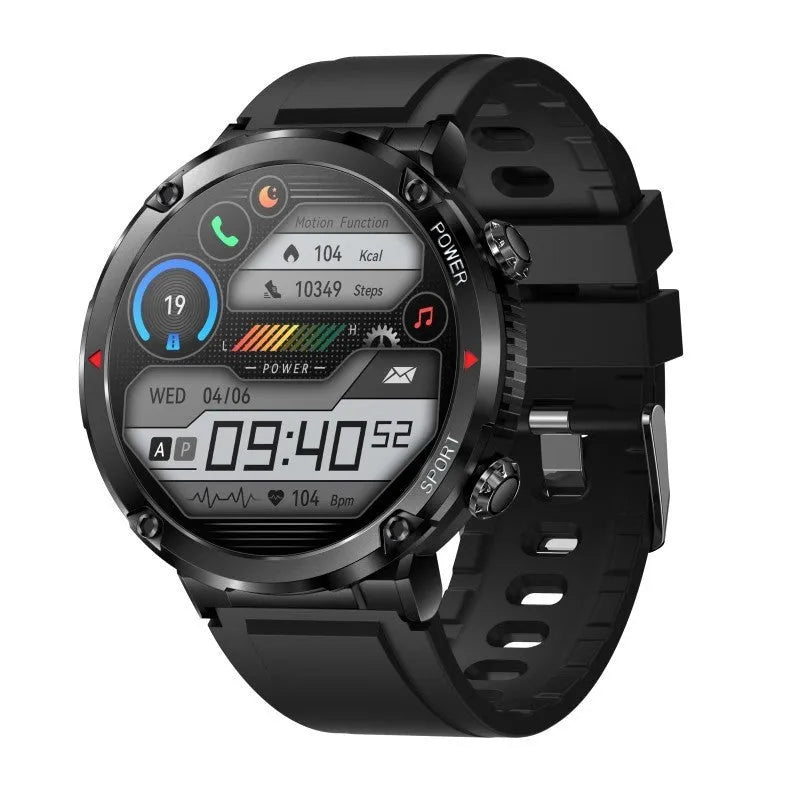 T30 smart watch with black silicone strap showing 52mm touch screen displaying heart rate and call interface