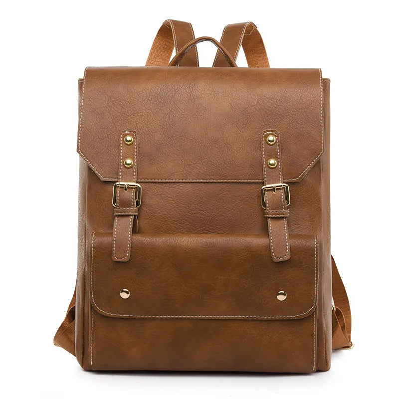 Korean style retro simple backpack in soft PU material, shown in one of four neutral colour options.
