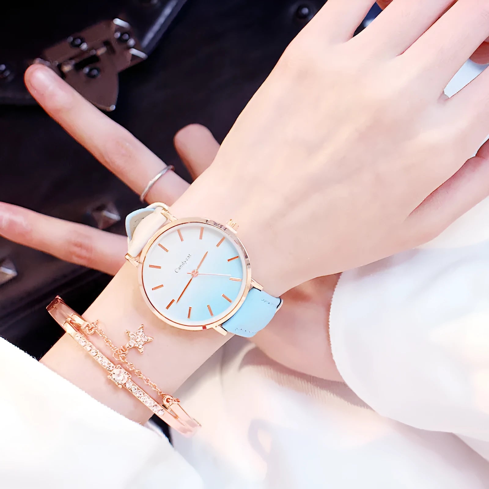 Women's fashion gradient belt quartz watch and bracelet set with 3.8cm dial in pink blue purple
