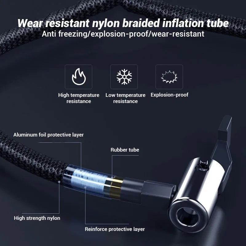 Compact wireless digital inflator pump with screen, showing dimensions and included nozzles and cable.