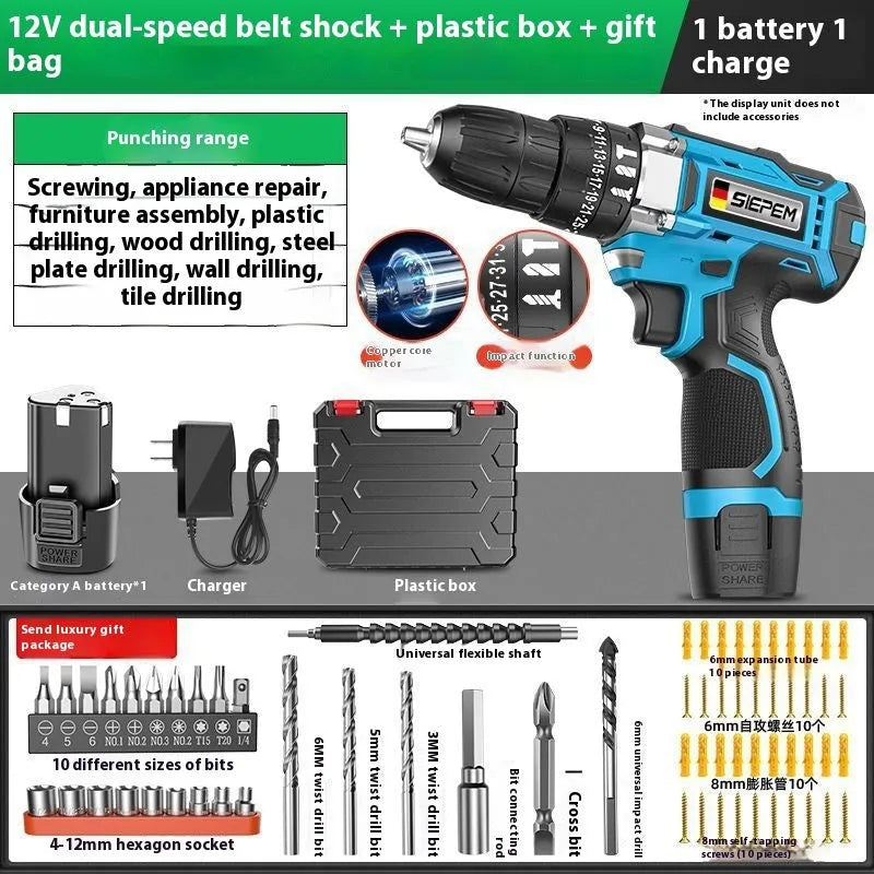 Cordless impact driver drill with pistol grip, LED light and plastic storage case containing drill and screwdriver bits