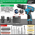 Cordless impact driver drill with pistol grip, LED light and plastic storage case containing drill and screwdriver bits
