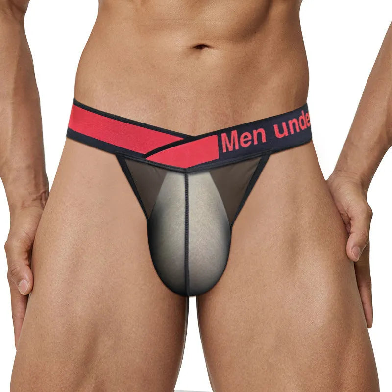 Men's transparent ice silk underwear with V gradient design in black, red, and white colours