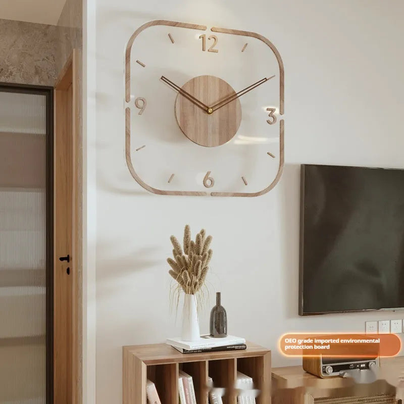 Modern transparent wooden frame wall clock with 35cm square dimensions.