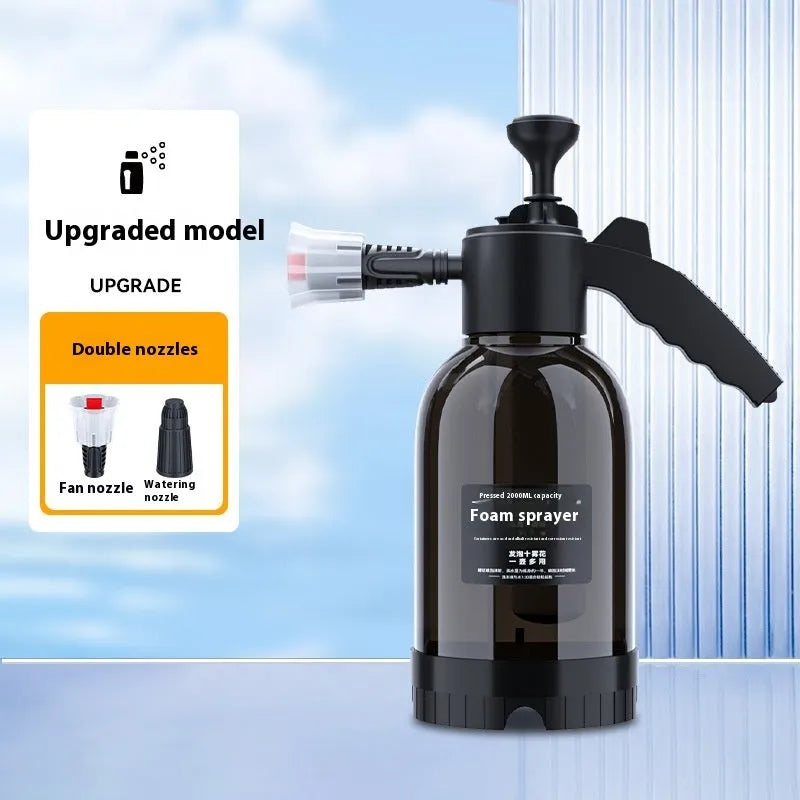 Black 2-litre hand-held foam watering can sprayer with pump handle and two nozzles
