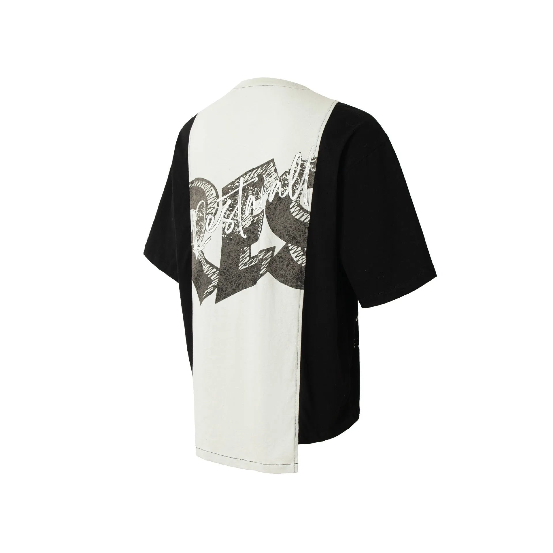 Men's black and white broken collage print loose fit cotton blend t-shirt on hanger