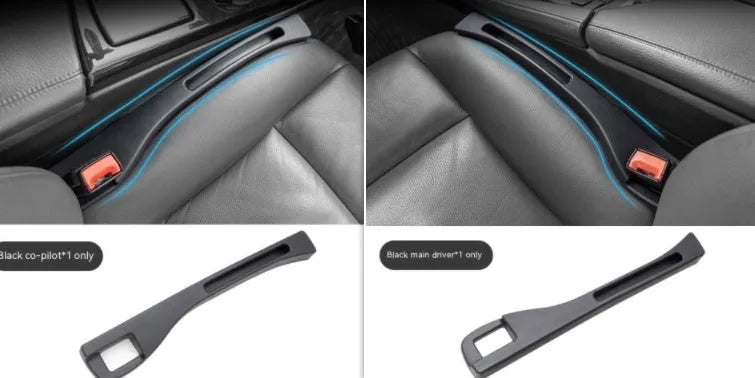 Black plastic car seat gap storage box with handle positioned between vehicle seats