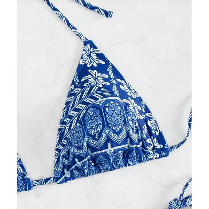 Women's split bikini swimsuit with bandage briefs and decorative printing in polyester fabric