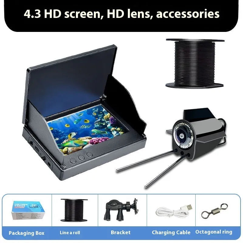 Underwater fish finder camera with 4.3-inch screen showing HD view of fish and temperature reading