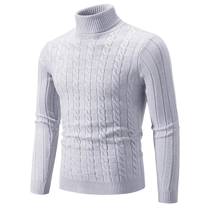 Men's slim-fit twist design turtleneck pullover sweater in chenille fabric.