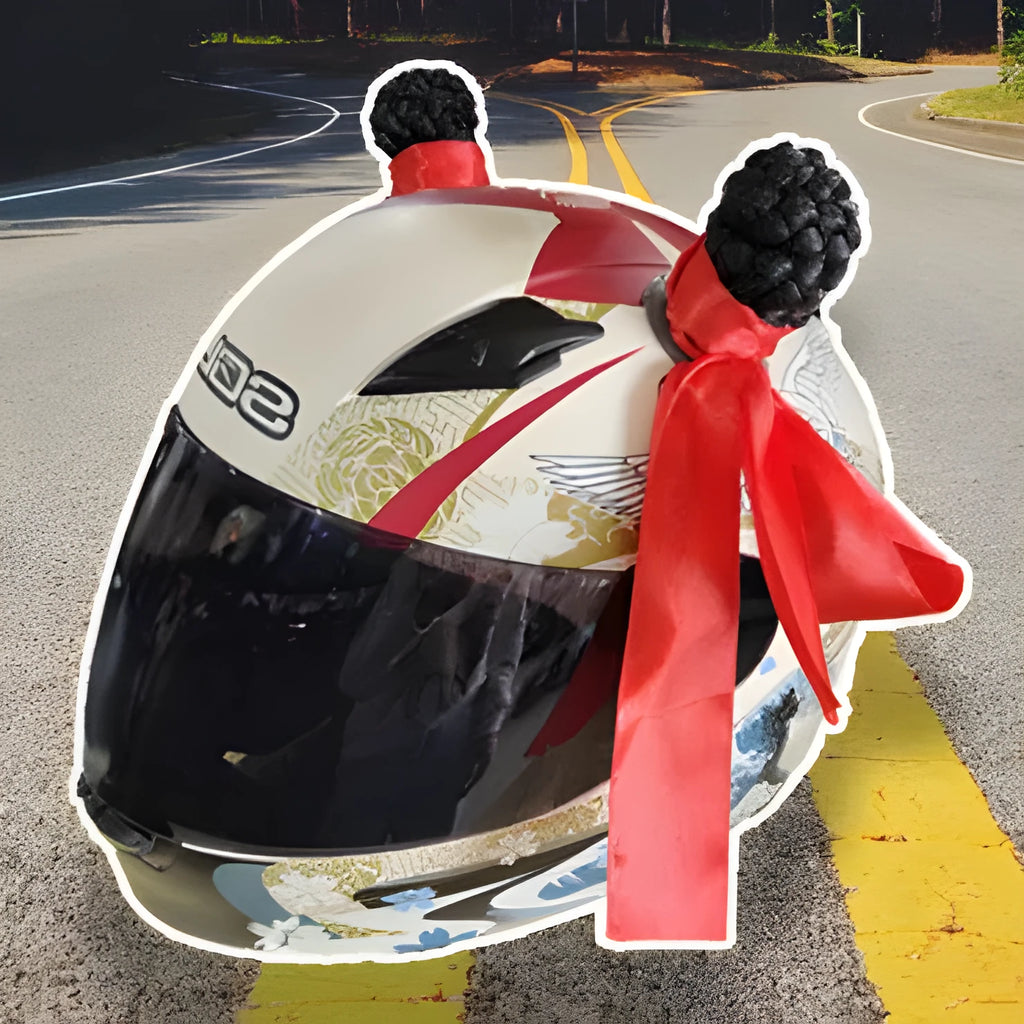 Pair of colourful braided ball decorations for motorcycle helmets with transparent lenses