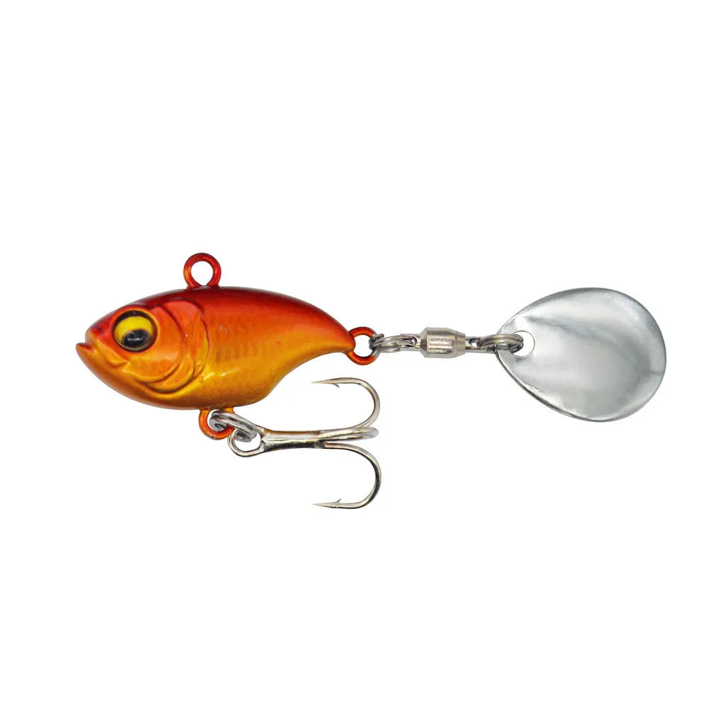 Metal iron plate fishing lure with rotating sequins in zebra stripe orange colour pattern.