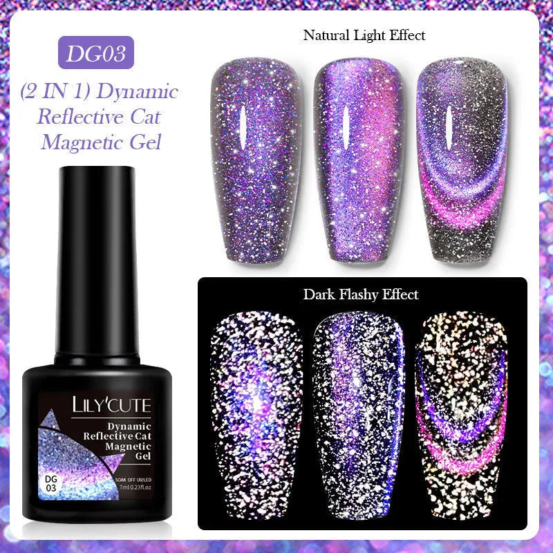Cat eye nail polish gel bottles in six colours with diamond glitter fragments showing flickering finish