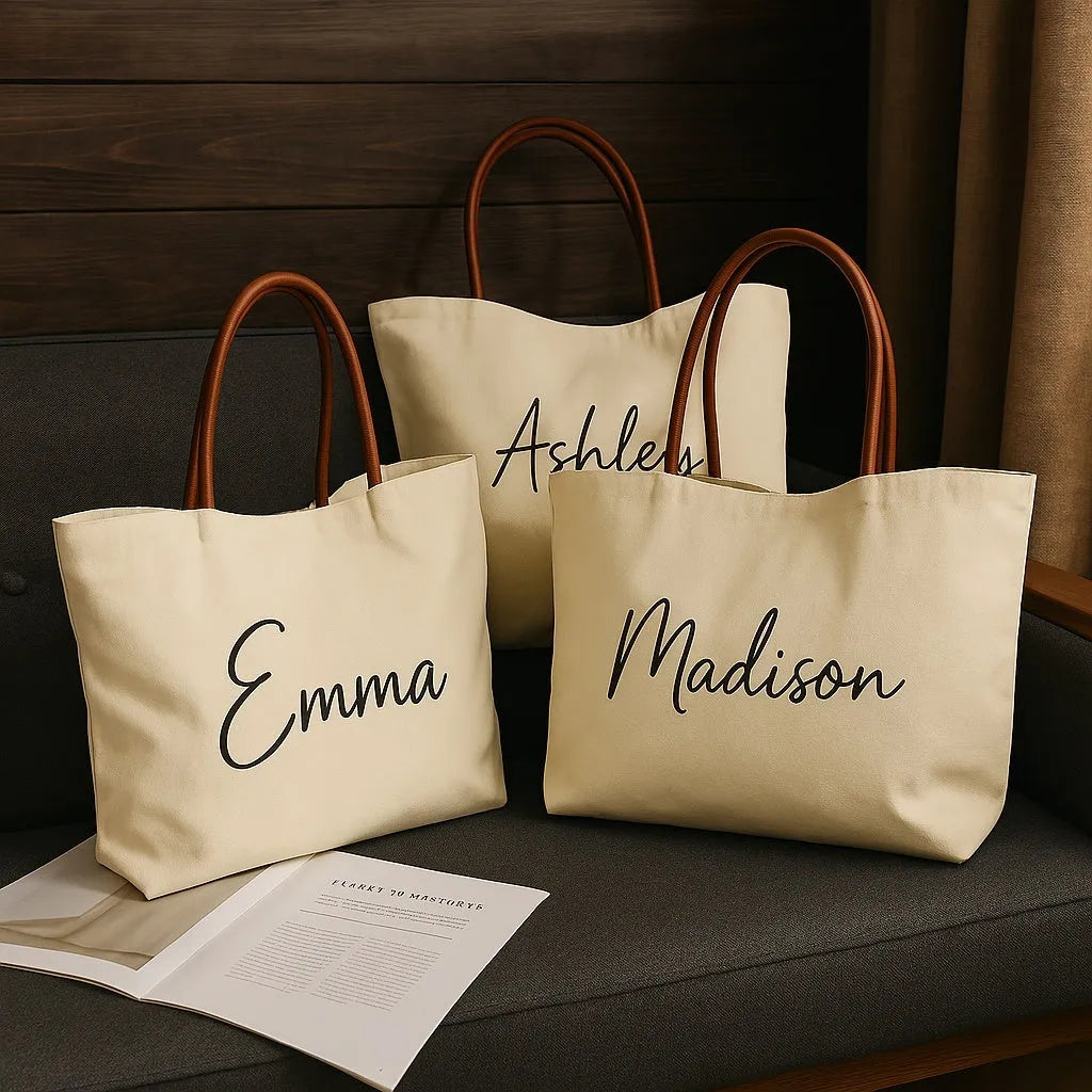 Heavy-duty cotton canvas tote bag with internal pockets, shown in beige white colour.