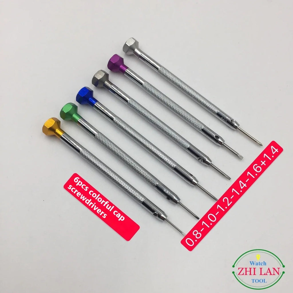 Six colour-coded screwdrivers with aluminium handles for watch repair work
