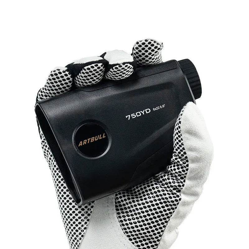 A rechargeable golf laser rangefinder with LCD display, shown with its Type-C charging cable.