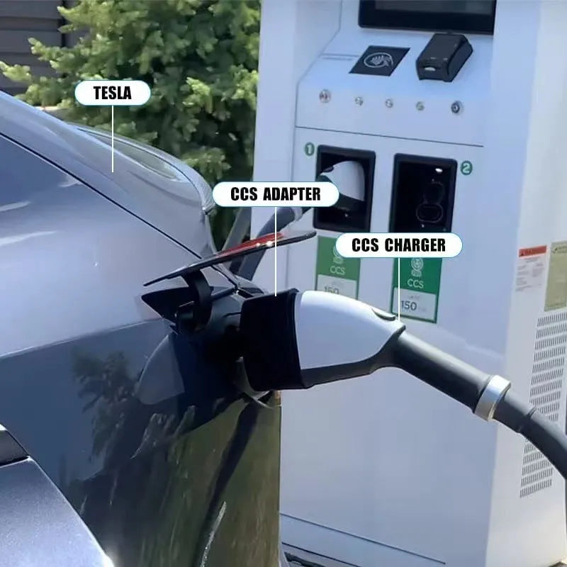 Black Tesla charging plug converter adapter for American standard EV charging points.