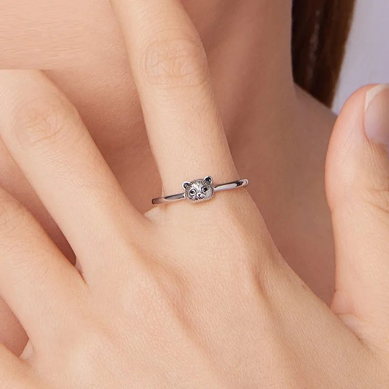 S925 sterling silver panda open ring with adjustable opening on white background