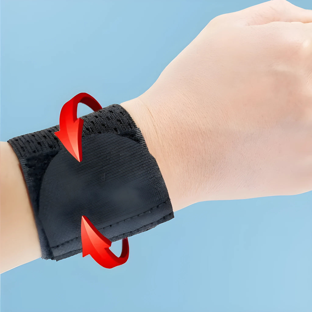 A black elastic breathable wrist guard for athletic wrist support.