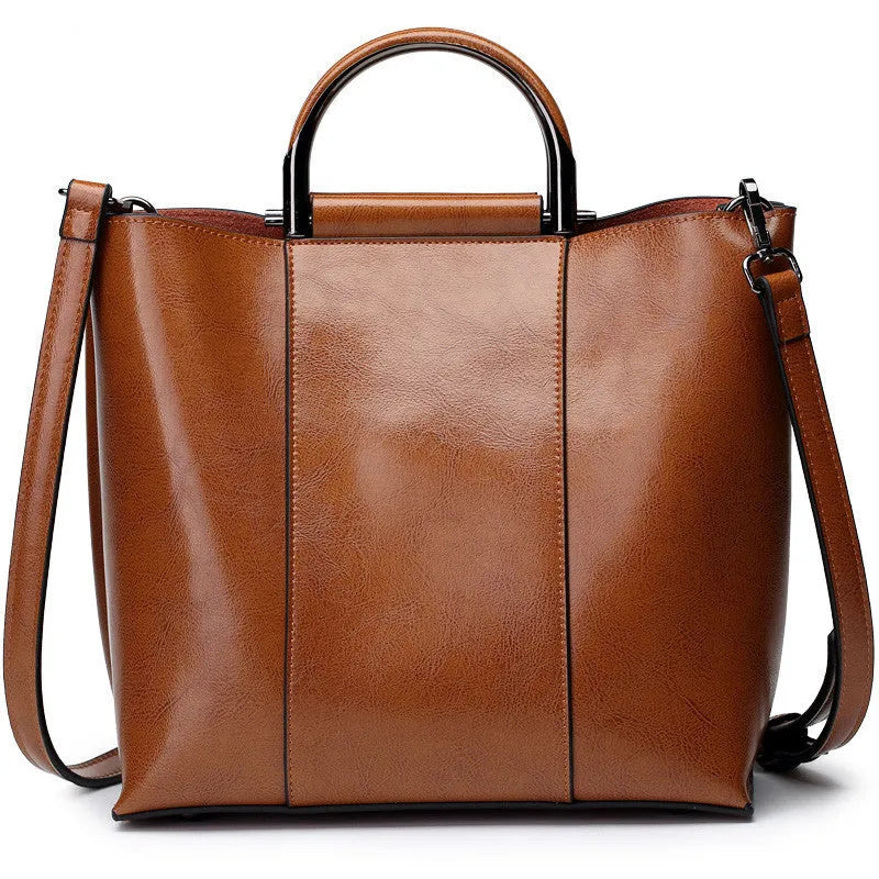 Handmade black genuine leather women's messenger bag with sandwich pocket, 26x25x11cm, two-layer cowhide