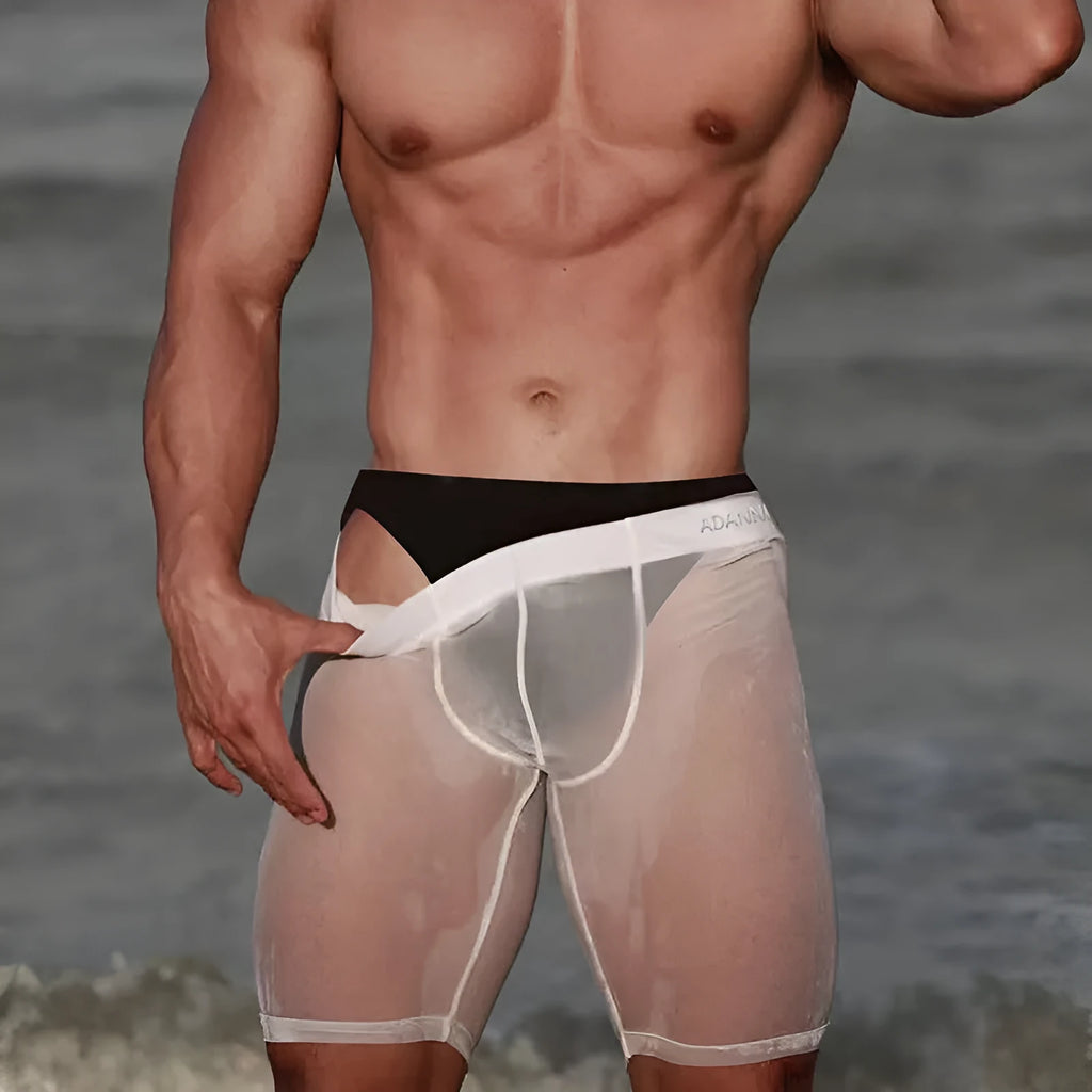 Men's seamless mesh home shorts in black nylon with hip lifting function