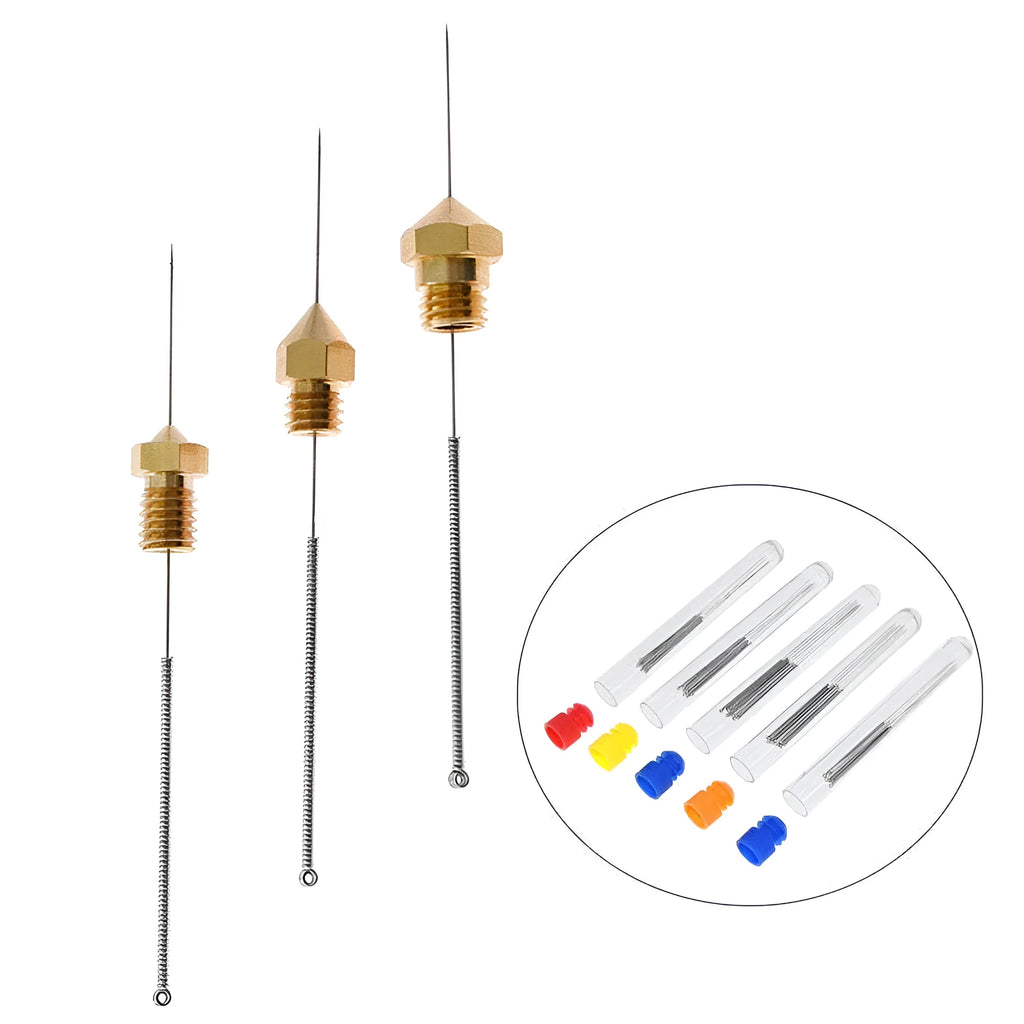 3D printer nozzle cleaning needles for Mk8 and E3D hotends in five sizes from 0.2mm to 0.4mm diameter