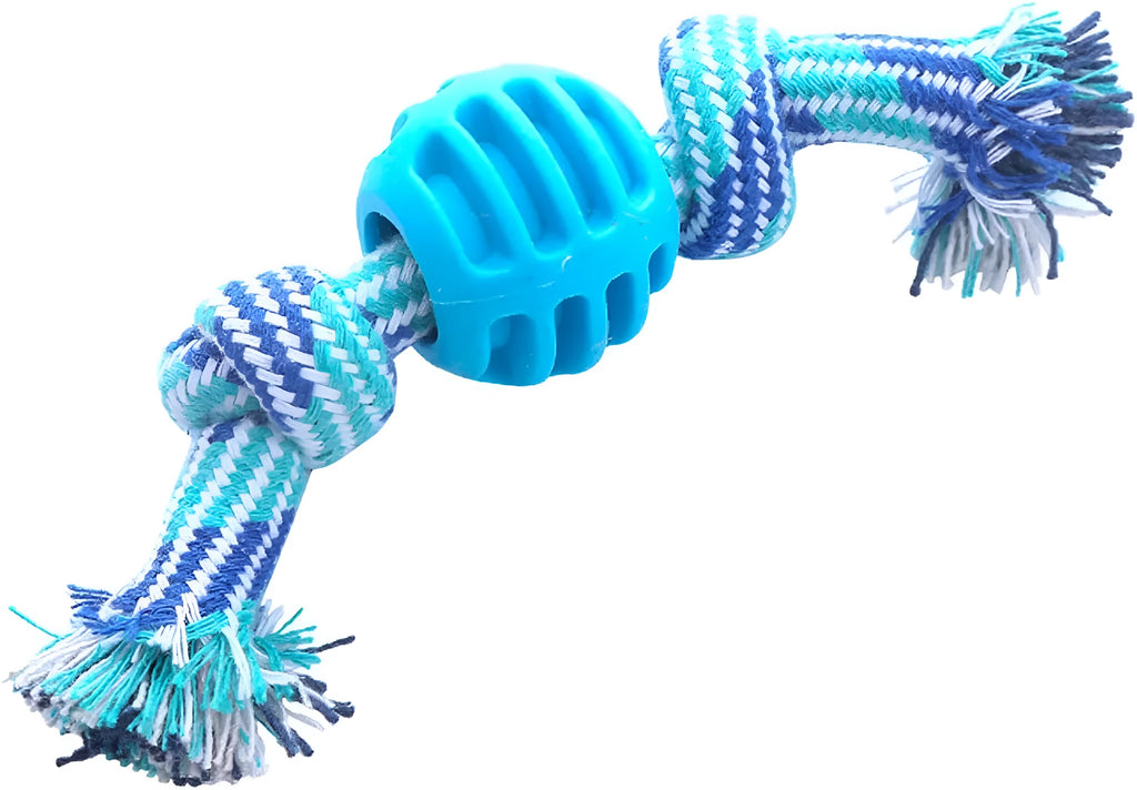 Blue dog chew toy with molar design and rope elements for teeth cleaning and interactive play