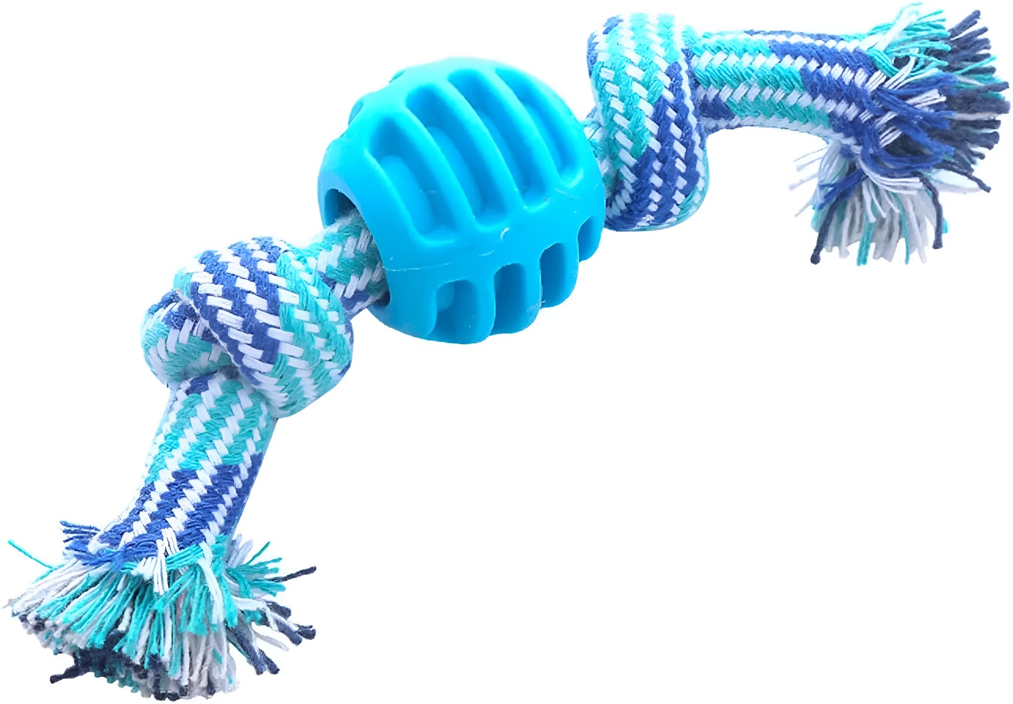 Blue dog chew toy with molar design and rope elements for teeth cleaning and interactive play