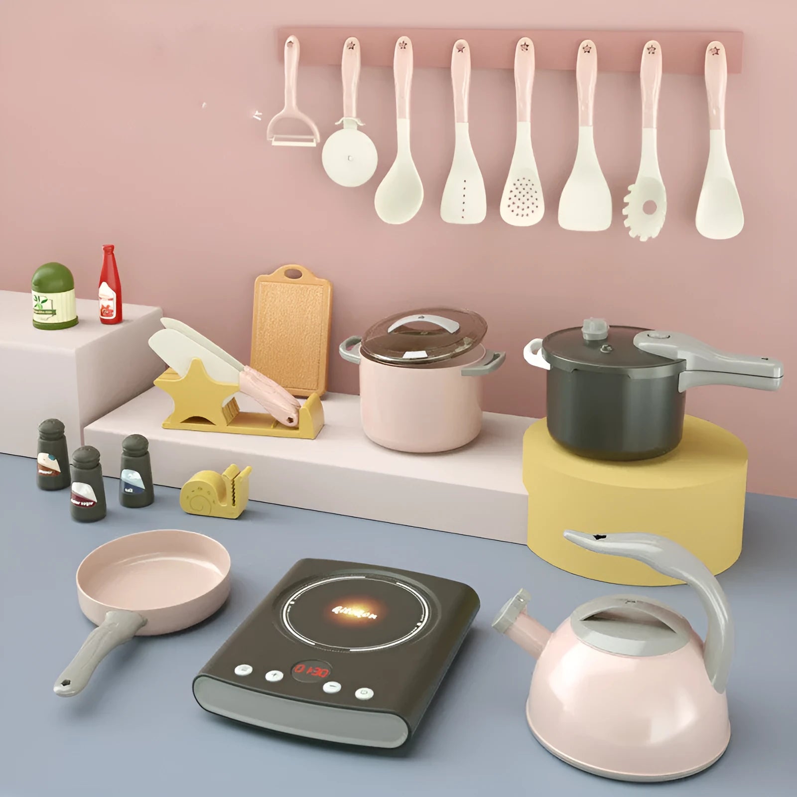 New simulation induction cooker 31-piece star cookware kids kitchen toy set in plastic for ages 4-6