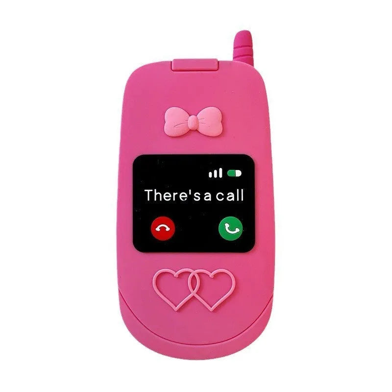 Light pink silicone flip phone shape case with mirror for iPhone, showing cute cartoon style.