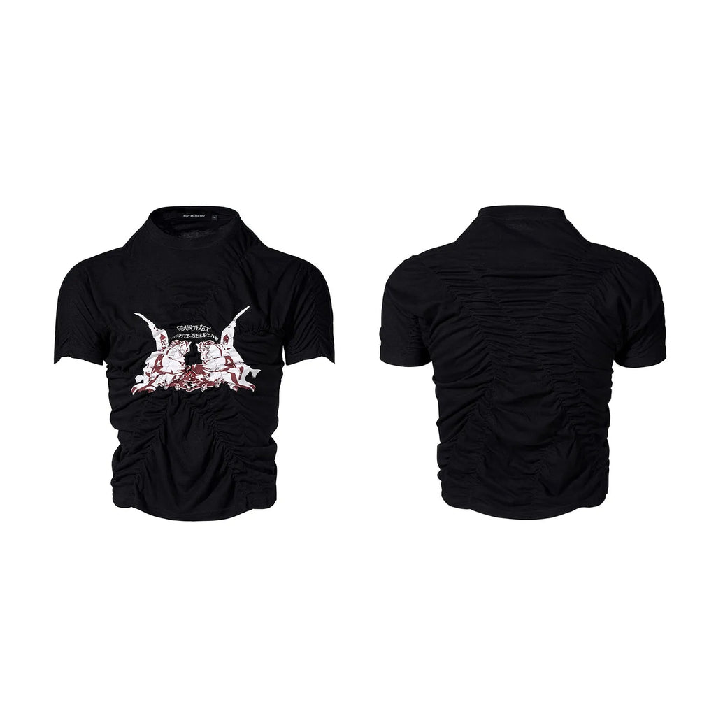 Black men's slim fit short sleeve T-shirt with a textured pleated print design and round neck collar