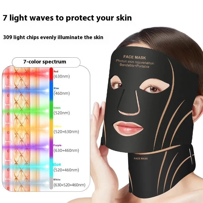 Black and gold silk silicone LED red light facial mask with headband and touch screen controls.