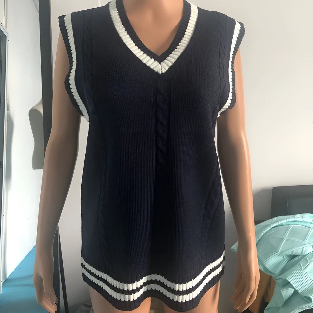 Women's V-neck striped waistcoat acrylic knitted sweater in slim fit