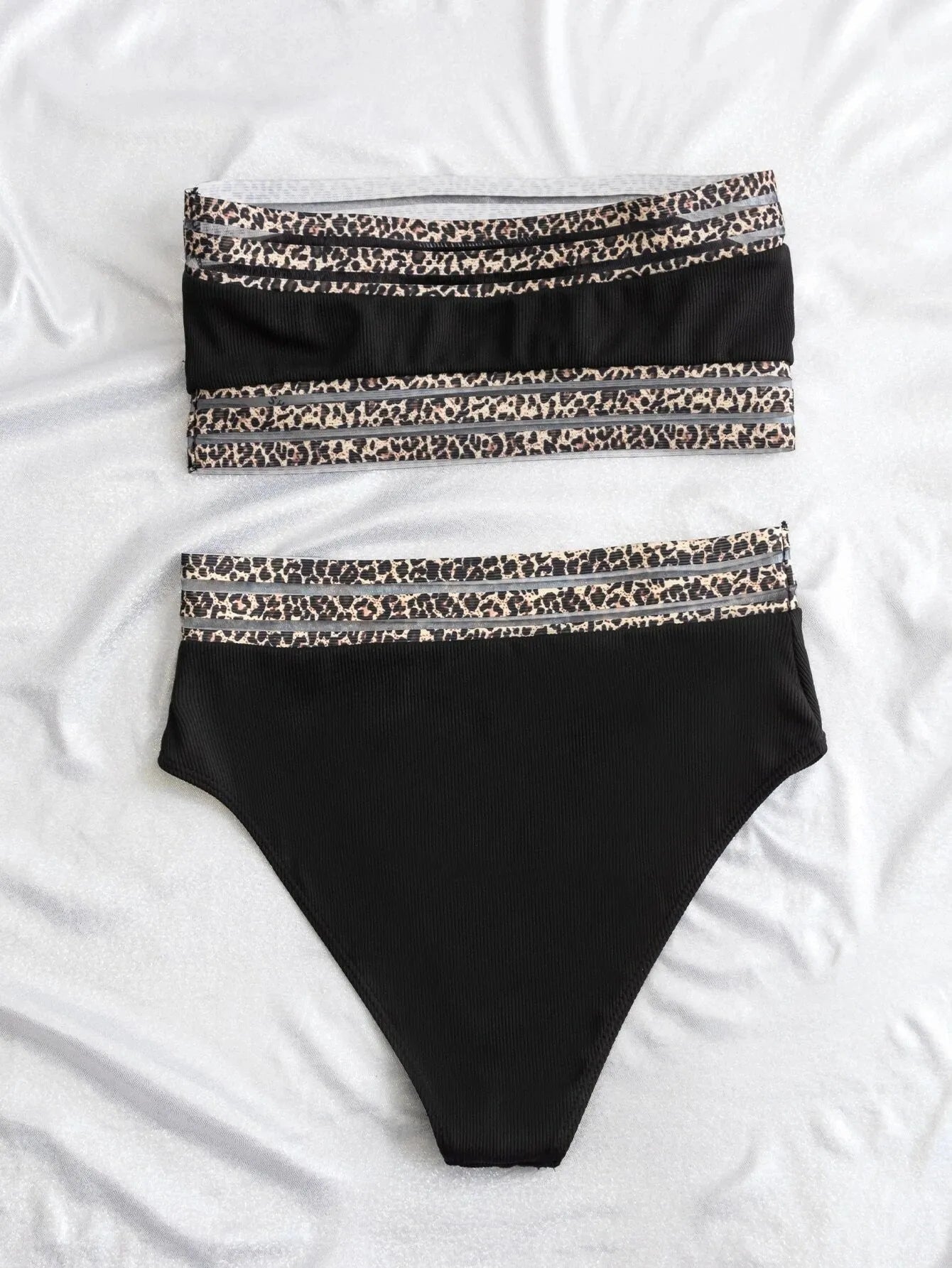 Black leopard spliced strapless swimsuit set with briefs and bra