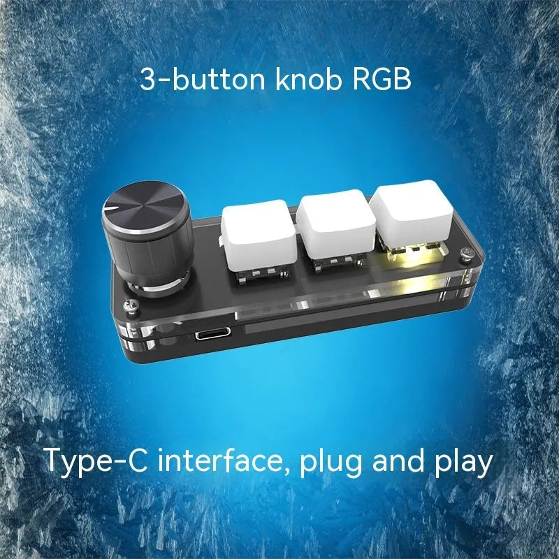 Black custom keypad with RGB backlight and copy paste buttons on desktop