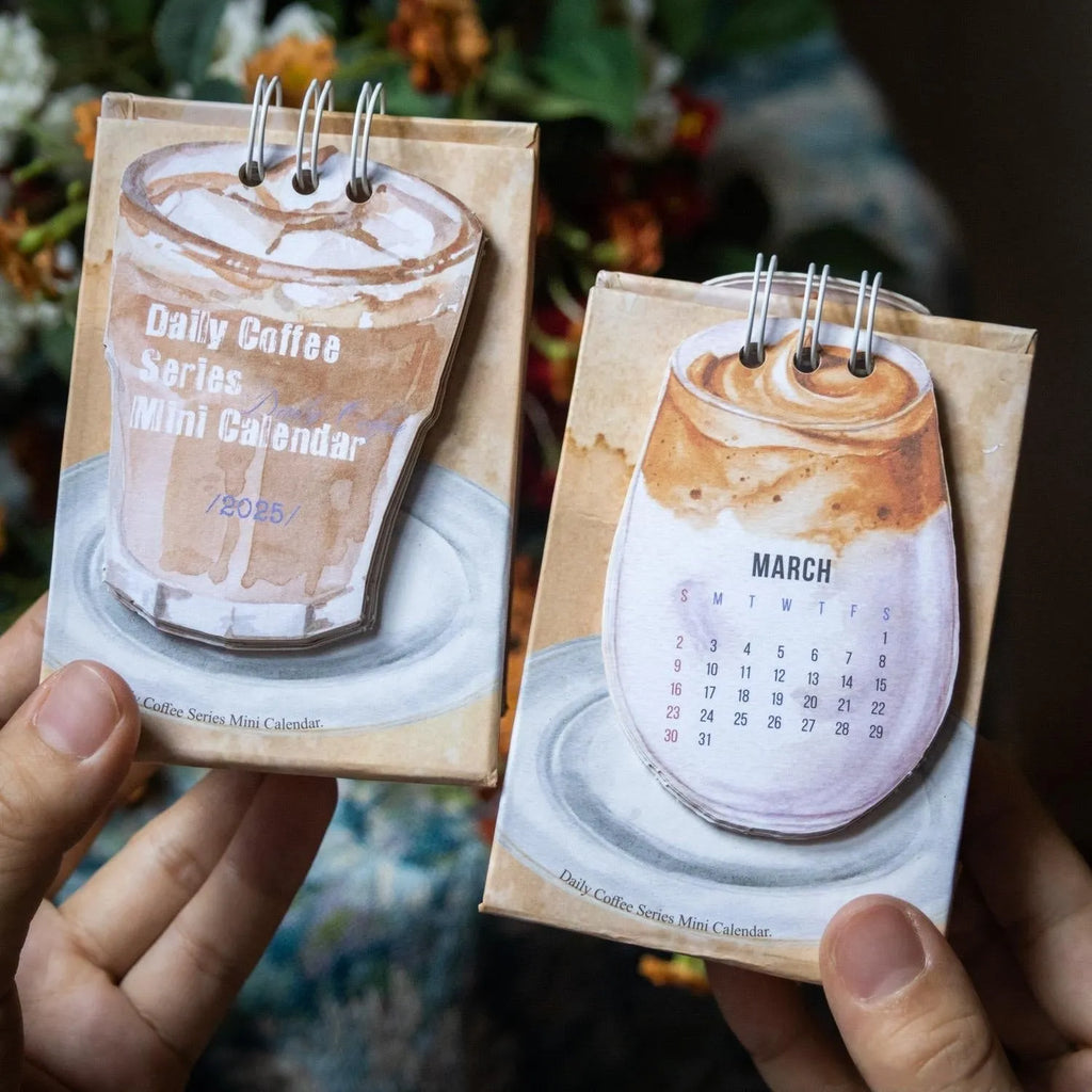 Mini desk calendar 2025 with coffee themed designs including four model options