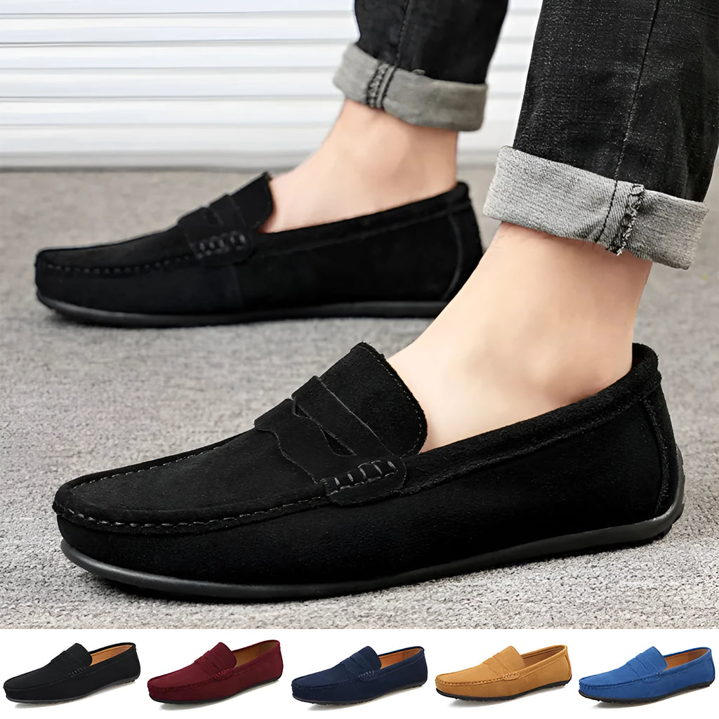 Men's suede leather loafers in solid colours with round toe and rubber sole