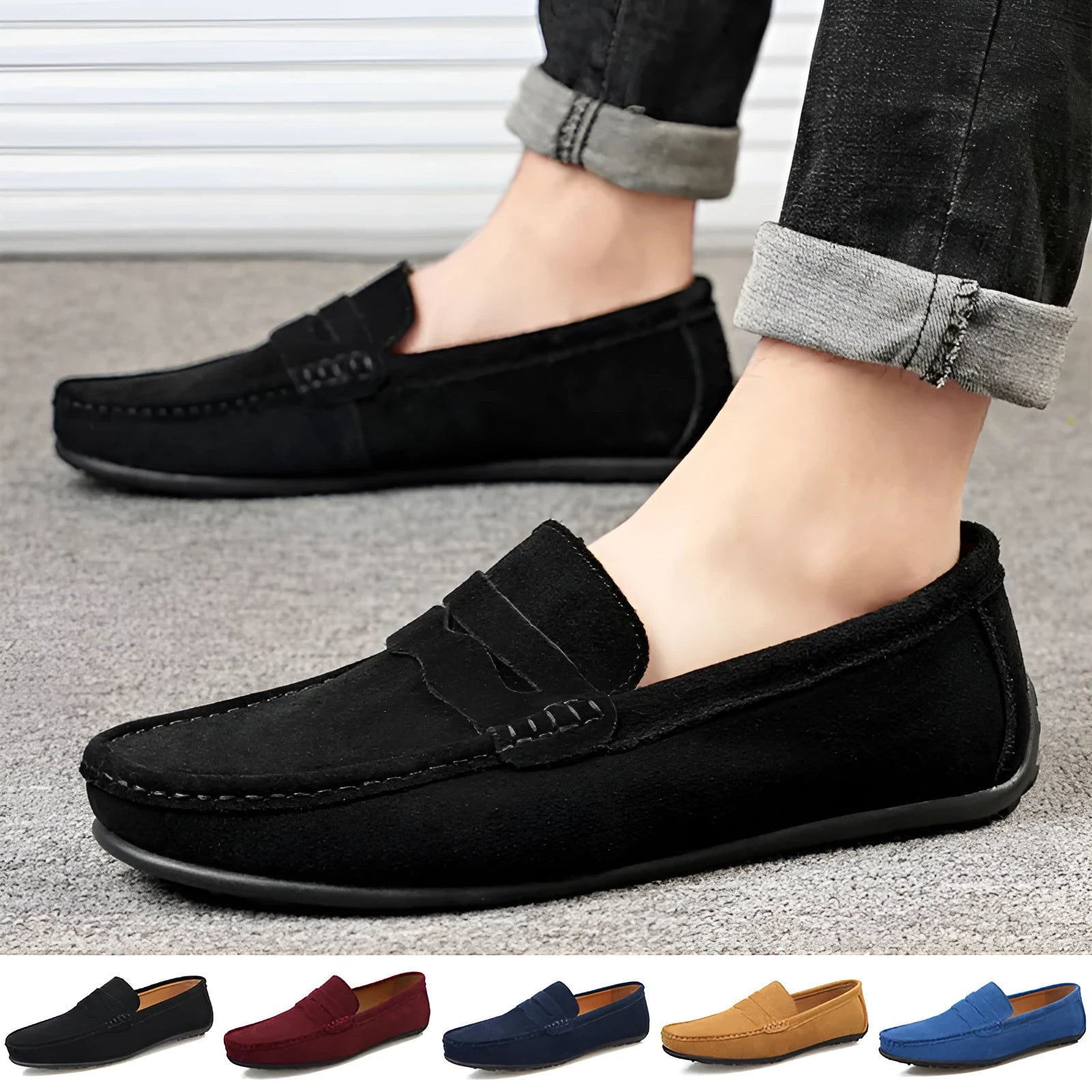 Men's suede leather loafers in solid colours with round toe and rubber sole