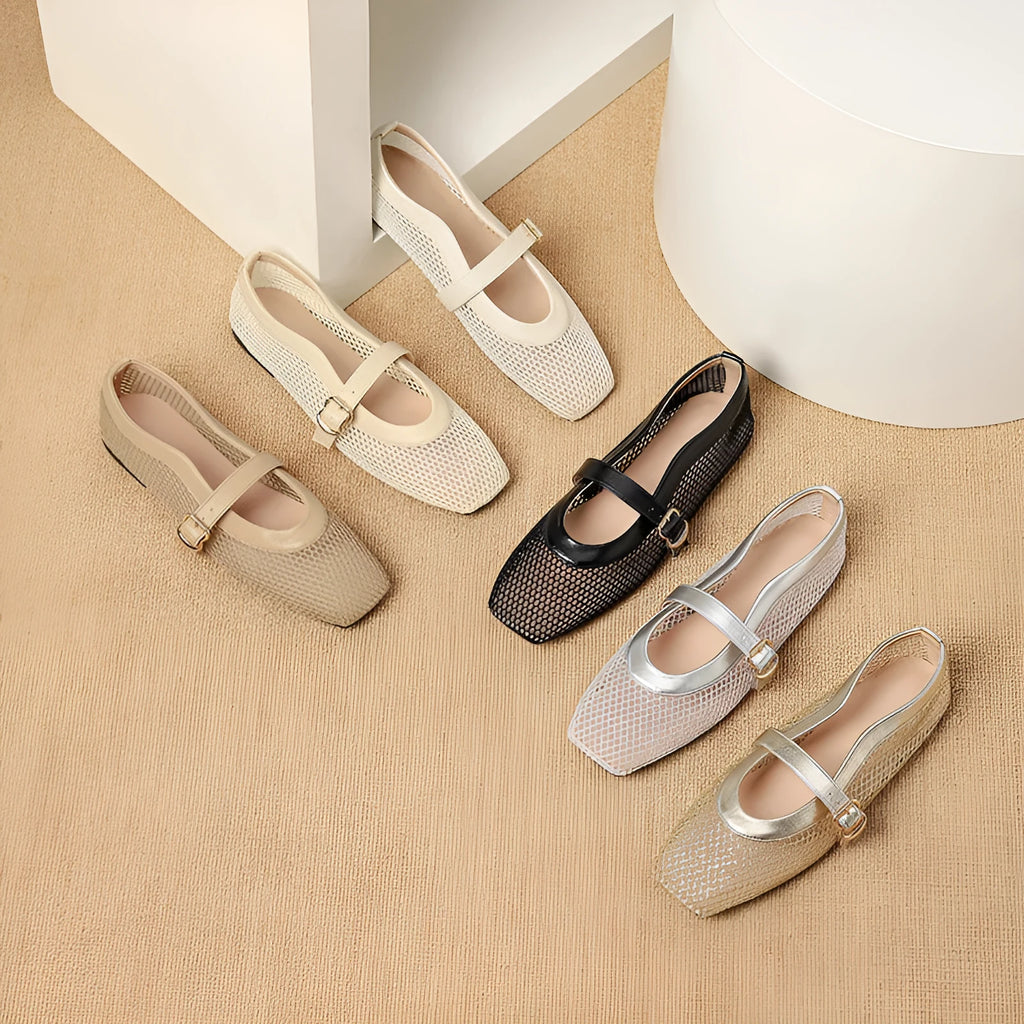 Women's low-heel mesh pump shoe in beige colour with a buckle closure and square toe.