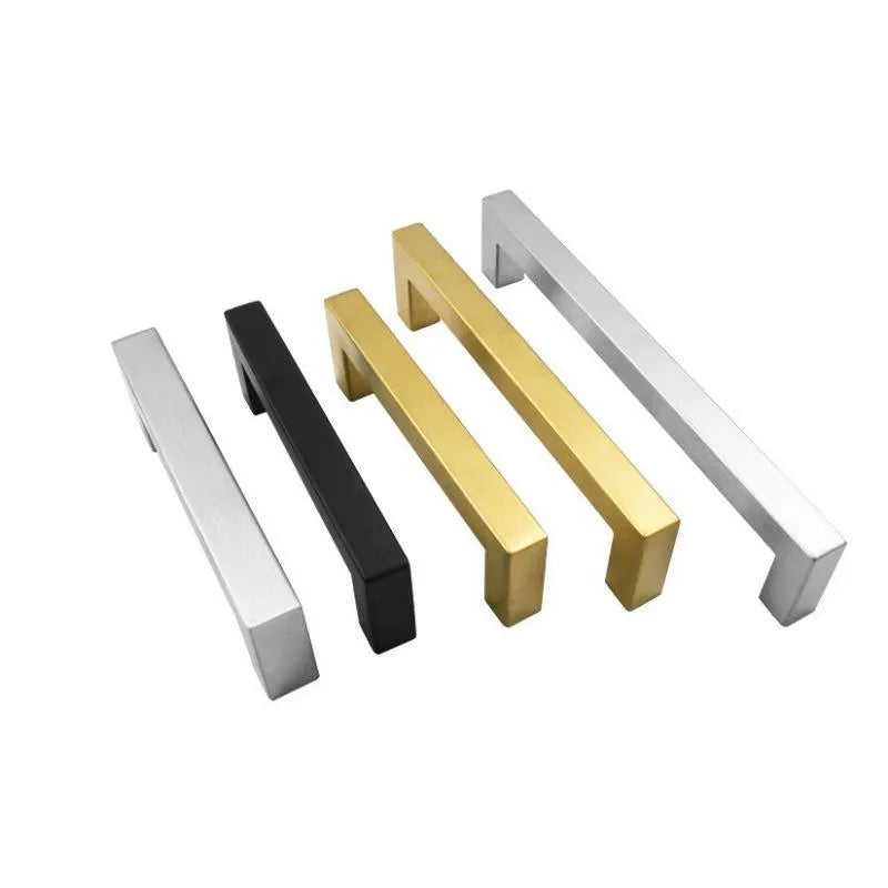 Stainless steel square pipe cabinet door handle in brushed silver finish showing its dimensions.