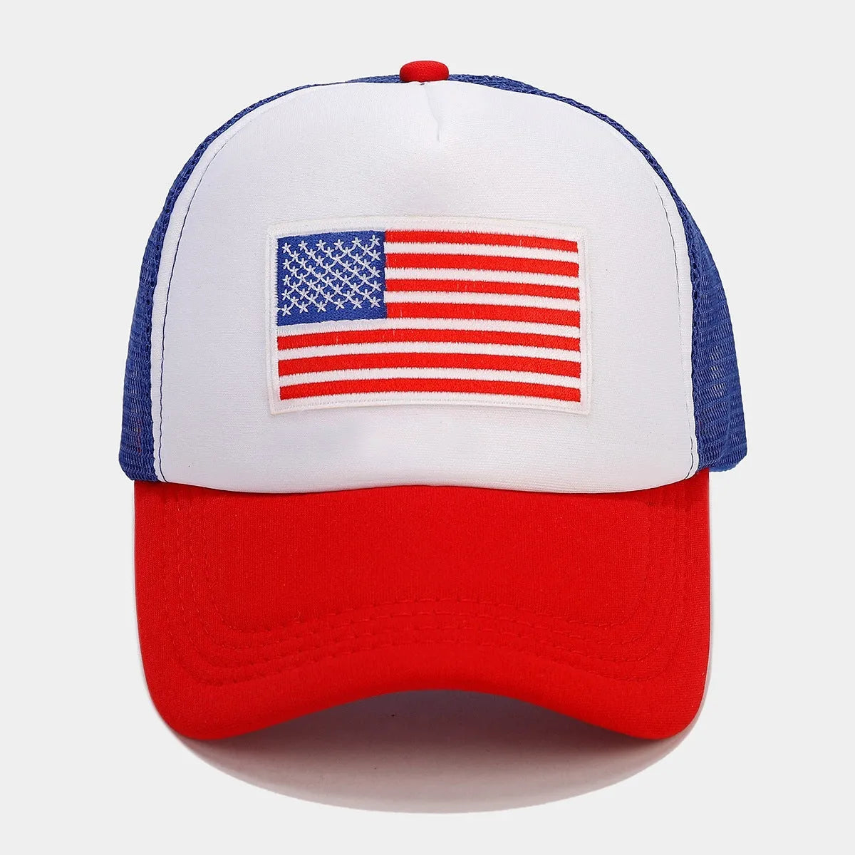 Red and blue contrast mesh adjustable baseball cap on a solid background