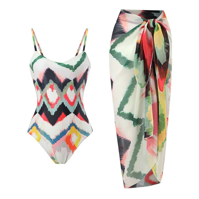 Women's striped gradient print two-piece swimsuit with hip skirt in quick-drying polyester